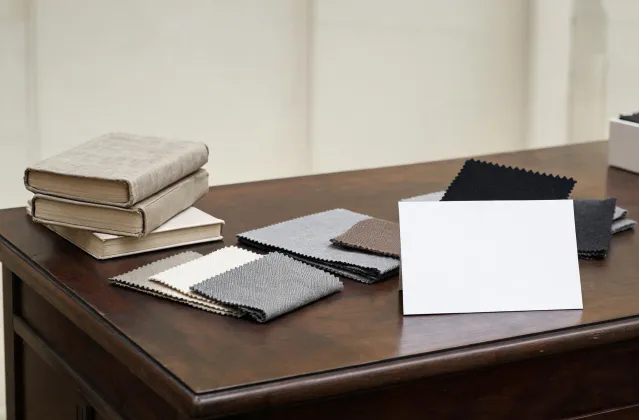 Historic fabric books beside current wool swatches