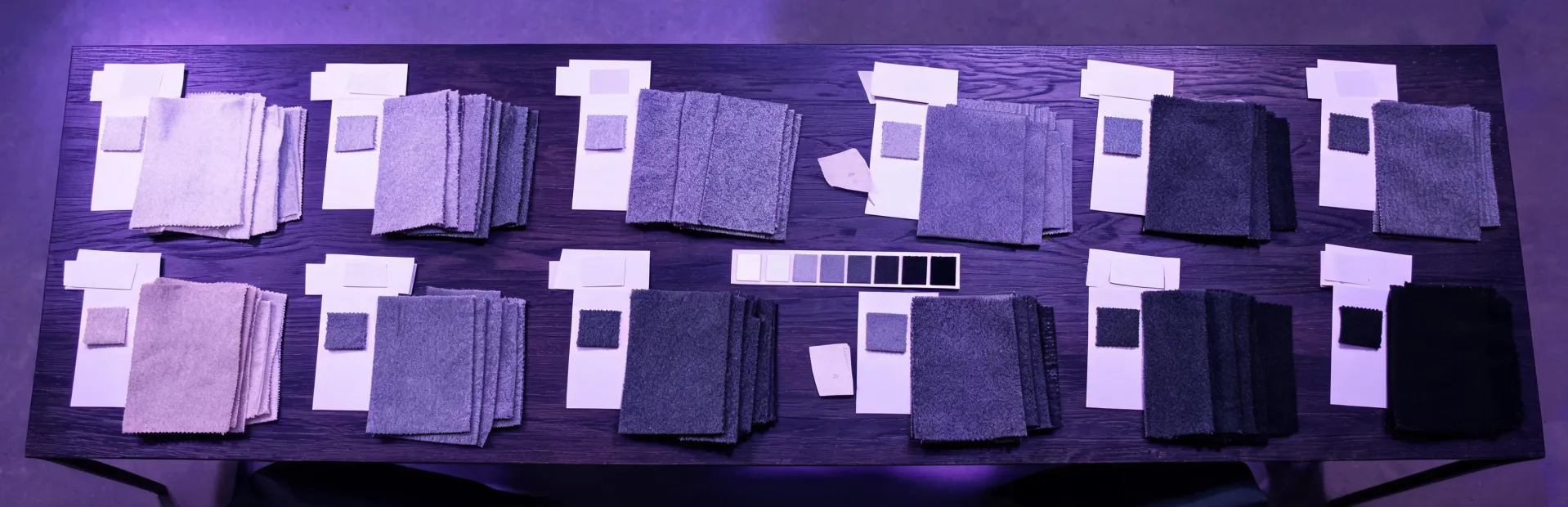 Wool fabric swatches with article cards