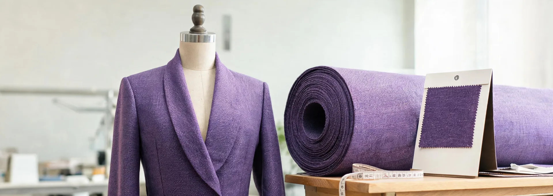 Wool suit fabric considered in a garment studio