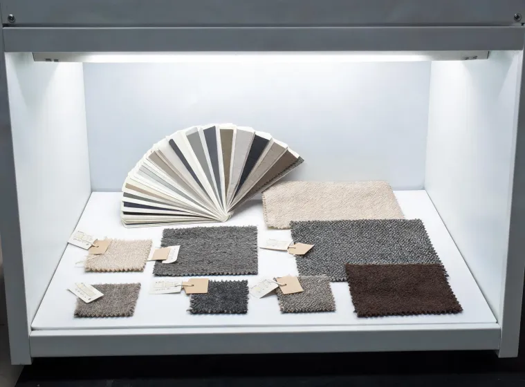 Fabric swatches reviewed under color light booth